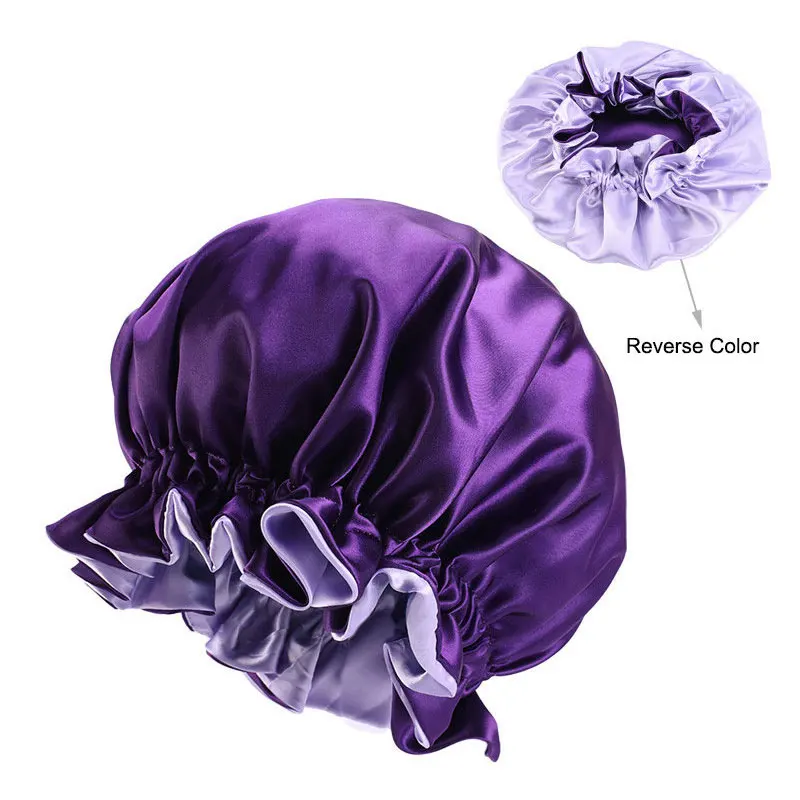 New Women Big Size Laser Satin Print Satin Silk Bonnet Sleep Night Cap Head Cover Bonnet Hat for For Curly Springy Hair Black fisherman skully