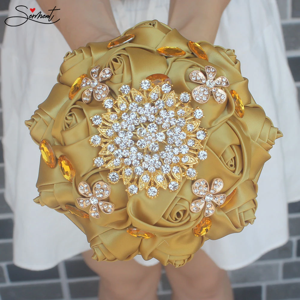Golden Rhinestones Holding Flowers Wedding Luxury Gold Diamonds Holding Flowers New Gold Rhinestone Bouquet Wedding Accessories