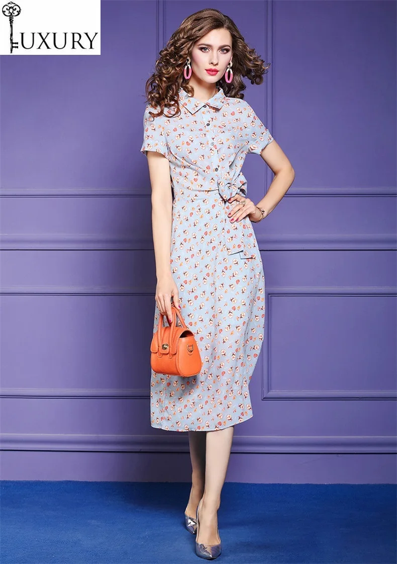 2020 Elegant Summer Women's Fashionable Women Turn-down Collar Tunic Flower Print Bow Deco Short Sleeve Mid-Calf Dress 3XL | Женская