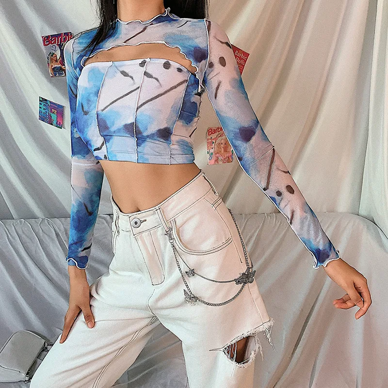 

Splicing Pullover Street Two-piece women's Printed Sling One-shoulder Long-sleeved Blouse Casual Slim-fitting Navel Clothes