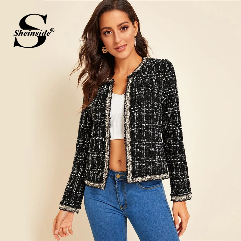 

Sheinside Black Elegant Pearls Beaded Detail Jacket Women 2020 Spring Plaid Patchwork Tweed Outerwear Ladies Front Open Jackets