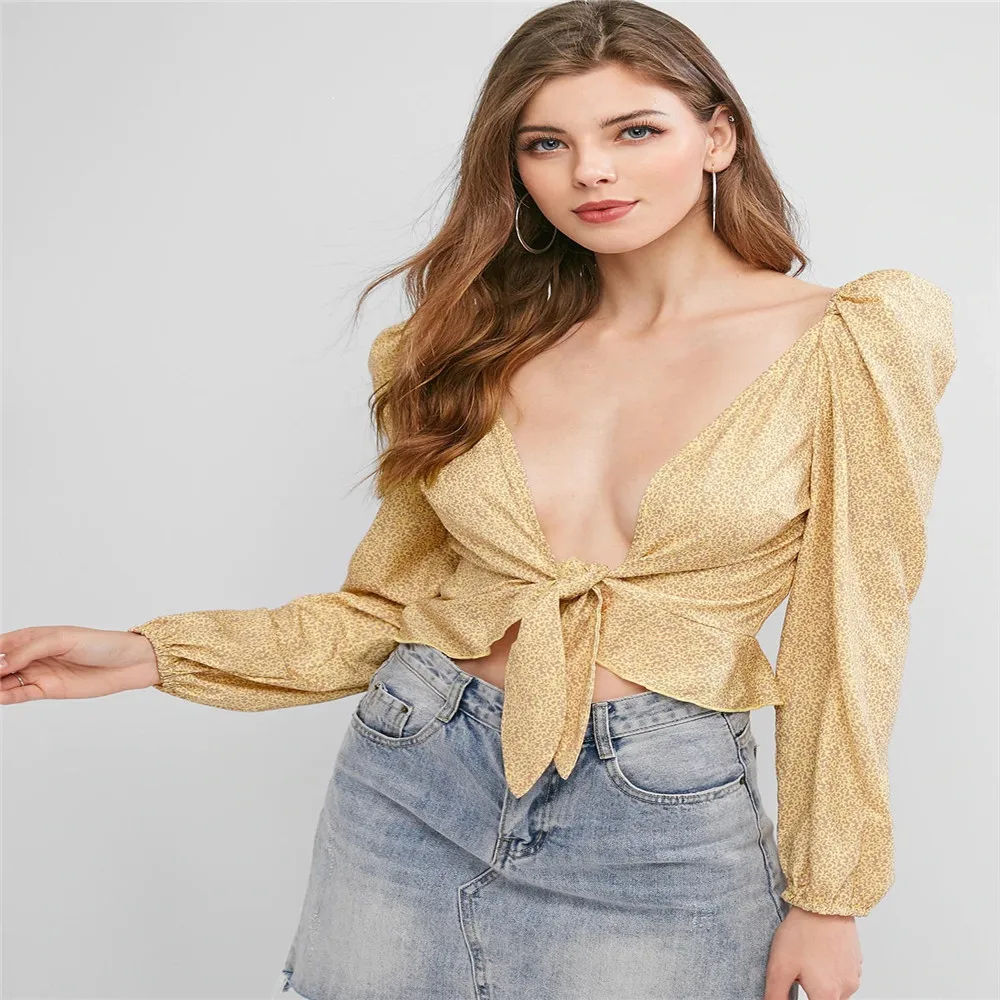 

2020 Womenâ€™s Casual Long-sleeved Cardigan Personality Printing Deep V-neck Bandage Loose T-shirt Lace Up clothes autumn
