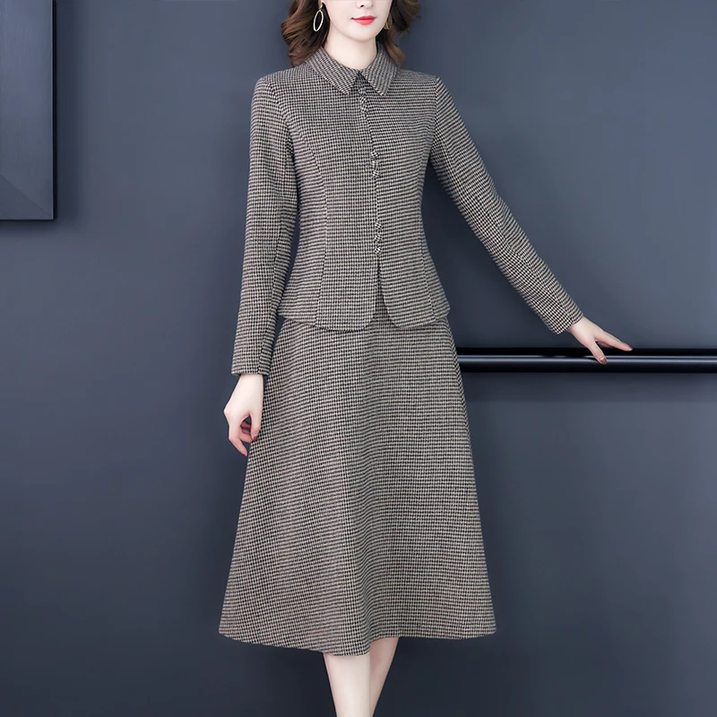 

Women Spring Autumn Elegant Skirt Suit Set Female Mom Set Plaid Woolen Two-piece Suits