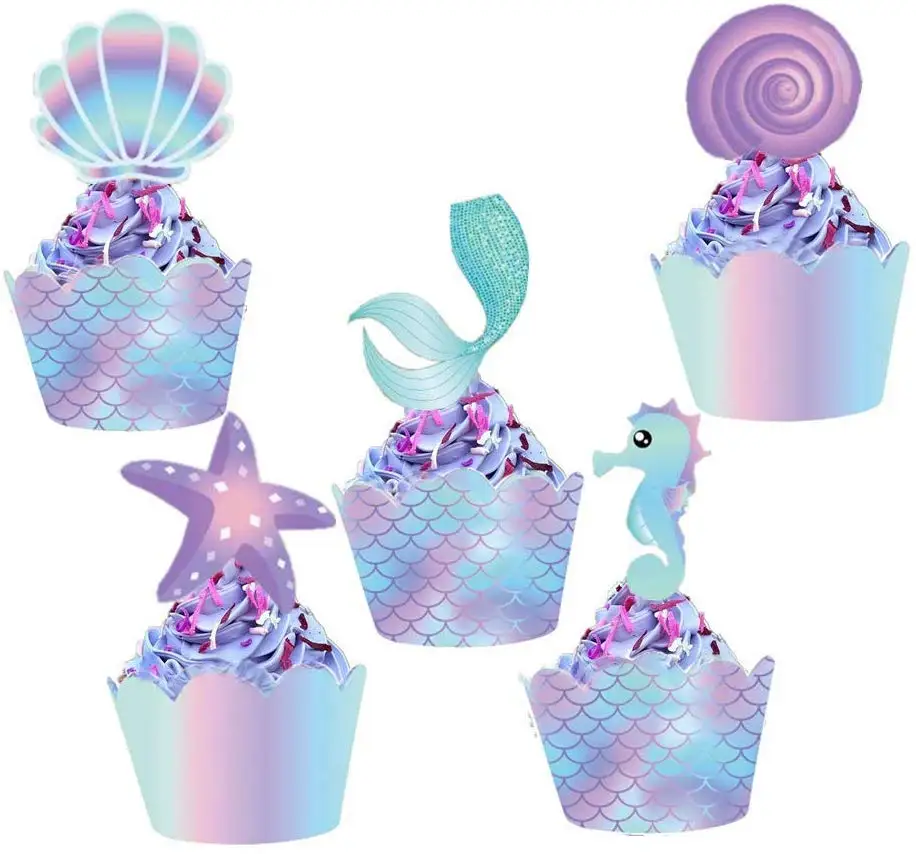 

Mermaid Cupcake Toppers and Wrappers 40 pcs Double Side Little Mermaid Theme Decoration,Under The Sea Theme Baby Shower Birthday