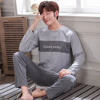 

Autumn Men Pajamas Long Sleeve Long Pants Male Pyjama Set Pure Full Cotton Pijamas For Men Sleepwear Suit Homewear 4XL