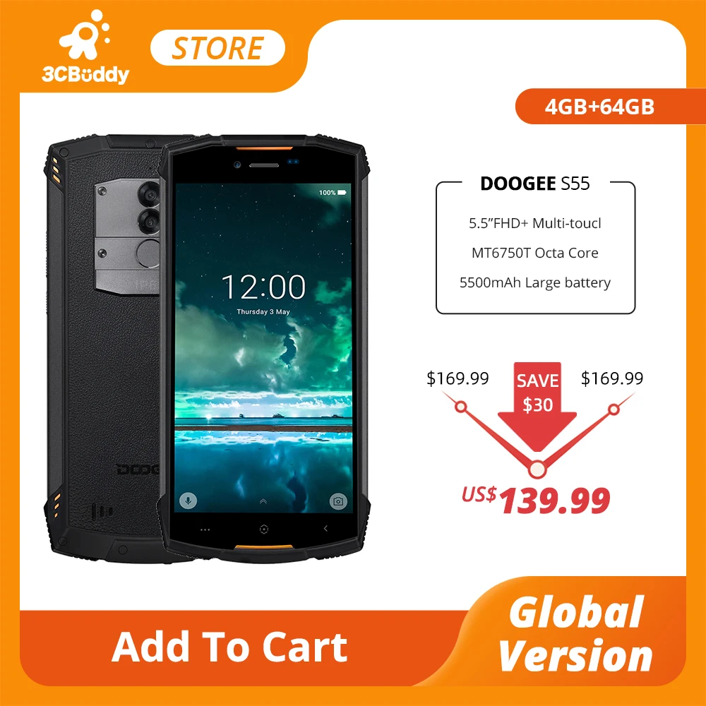 Real IP68 DOOGEE S55 waterproof Smartphone 4GB RAM 64GB ROM 5500mAh MTK6750T Octa Core 5.5inch Android 8.0 Dual SIM 13.0MP 4GLTE
Real IP68 DOOGEE S55 waterproof Smartphone 4GB RAM 64GB ROM 5500mAh MTK6750T Octa Core 5.5inch Android 8.0 Dual SIM 13.0MP 4GLTE