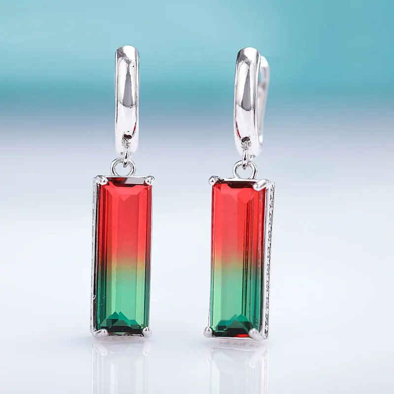 silver red green MAIKALE, новинка, модные квадратные серьги-капли градиентного цвета для женщин, розовое золото, хорошее ювелирное изделие, турмалин, циркон, стеклянные серьги-подвески - Окраска металла: silver red green