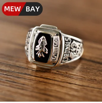 

S925 Sterling Silver GARY Cardinals Black Agate Mosaic Religious Retro Vintage Thai Style Fine Jewelry Men Rings Real Pure Gift