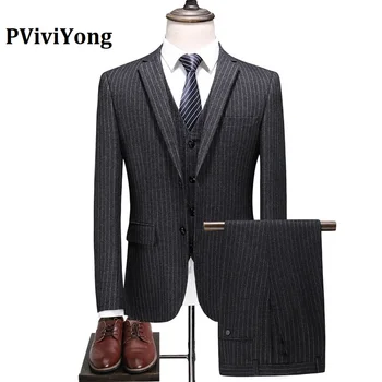 

PViviYong brand 2020 wedding suit men slim leisure stripe Business Suit Three-piece (Jackets + Vest + Pants) 9636