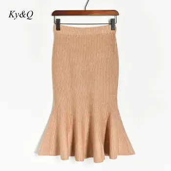 

2019 Fashion Casual Women Winter Bag Hip Skirts Slim-fit Knitted Fishtail Balck High Waist Midi Skirt Office Ladies Clothes