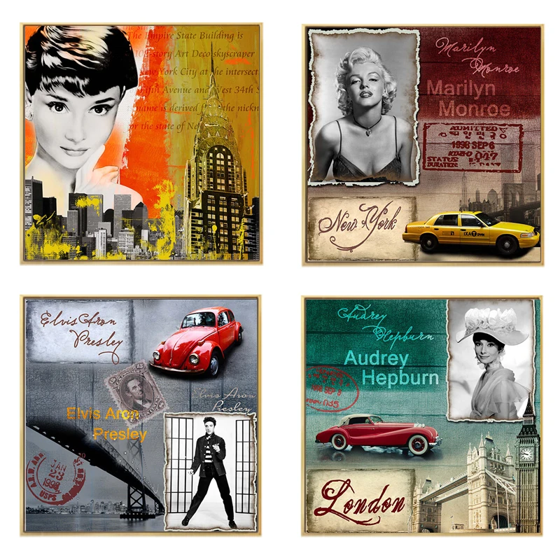 Famous Women Audrey Hepburn Wall Art Marilyn Monroe and Elvis Aron Car Canvas Painting Prints And Posters Ladies Room Décor | Дом и сад