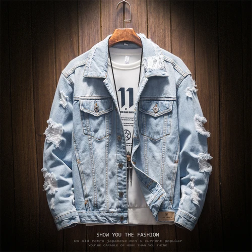 Light blue Корейский стиль, модная мужская джинсовая куртка с дырками в стиле ретро, джинсовая куртка в стиле хип-хоп, Мужская одежда, куртка-бомбер, новинка - Цвет: Light blue