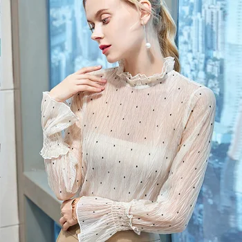 

Women Spring High Fashion Ruffled Collar Flare Sleeve With Ruffles Pollk Dot Chiffon Sexy Perspective Blouse Ladies Casual Blusa