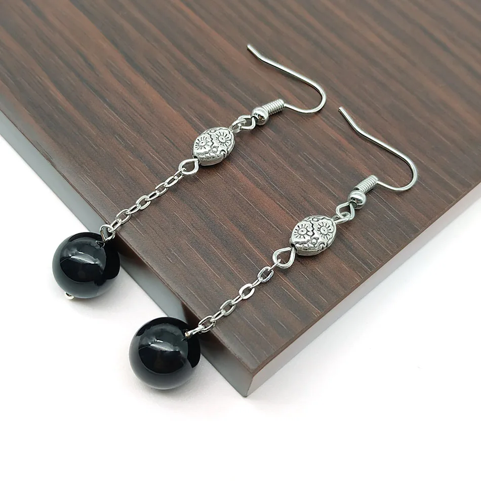 SHELA Black Onyx Drop Earrings for Women Pink Semi-Precious Stone Tibetan Silver Beads Dangle Pendientes Fashion Jewelry