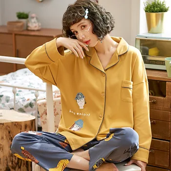 

Feier Korea Fresh maple leaf pajama sets women 100% gauze cotton long sleeve casual sleepwear women pyjamas autumn hot sale 2019