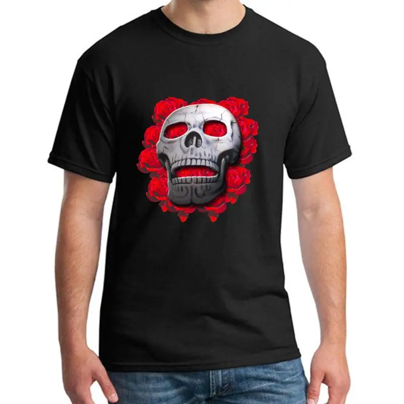 

printed Skull With Roses t shirt for men fitted Humor streetwear mens tee t shirts Round Collar Pop Top Tee
