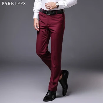 Pantalones rectos entallados para Hombre, pantalón informal con parte delantera plana, de negocios, Formal, rojo vino, 2019