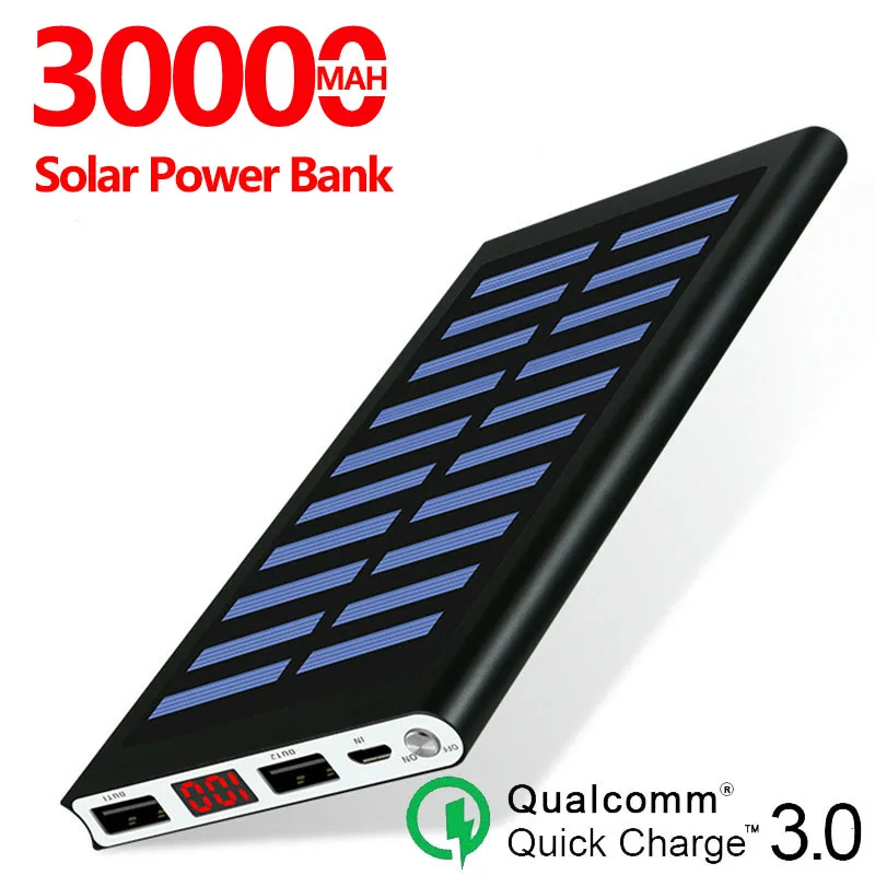 Солнечный внешний аккумулятор 30000mah 2 USB LED Портативный мобильный телефон