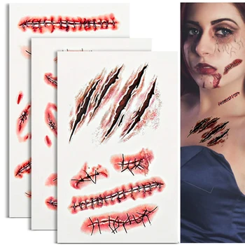 

100 Pcs Halloween Zombie Scars Tattoos Sticker Horror Fake Bloody Wound Stitch Scab Halloween Masquerade Prank Makeup Props