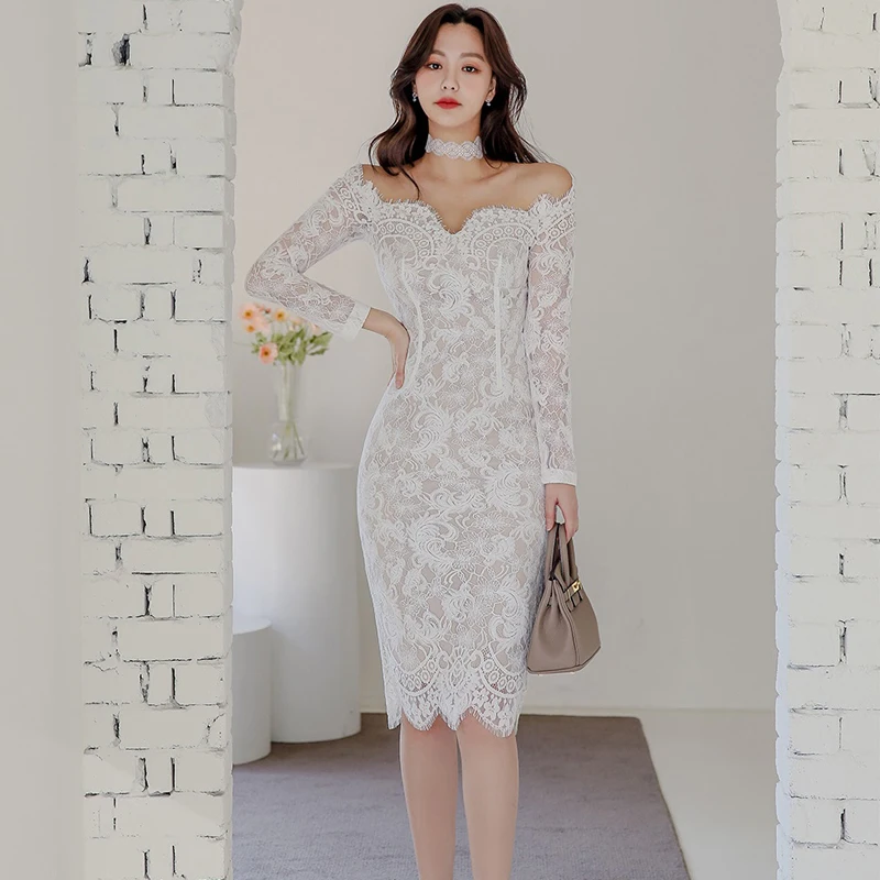 2021-Spring-New-Korean-Style-Women-High-Quality-Bodycon-Lace-Knee ...