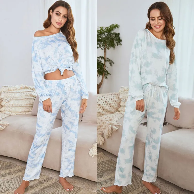 

Womens Asvivid Tie Dye Printed Ruffle Short Lounge Set Long Sleeve Tops and Shorts 2 Piece Pajamas Set Sleepwear