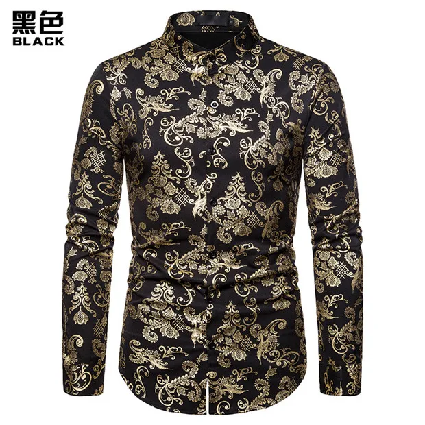 Повседневная мужская рубашка для ночного клуба Camisa Masculina, модная мужская рубашка с цветочным принтом, мужская рубашка с длинным рукавом - Цвет: black