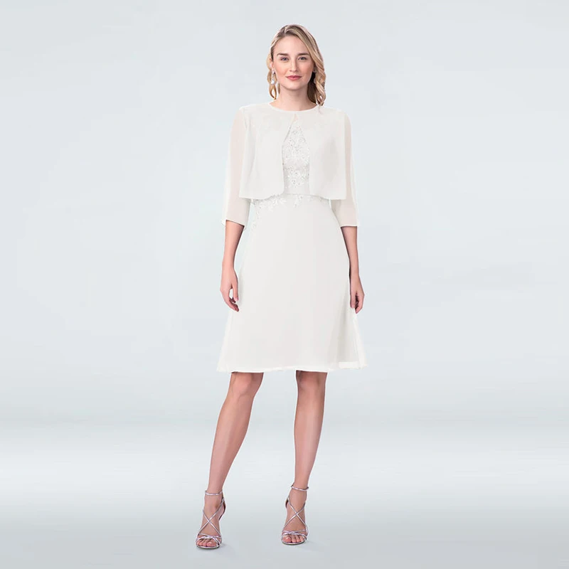 

2020 Charming Short Two Pieces Lace Applique Mother of the Groom Dresses With Jacket Jewel Neck Knee Length Wedding Party Gowns