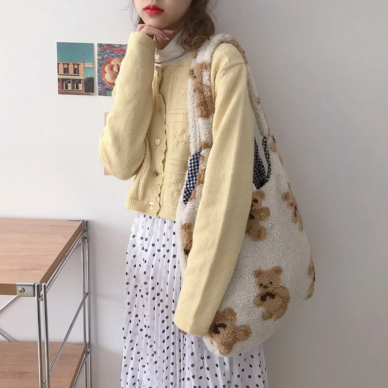 Women Plush Shoulder Bag Warm Cloth Fabric Handbag Soft Canvas Tote Large Capacity Shopping Bags Cute Bear Book Bags For Ladies 6