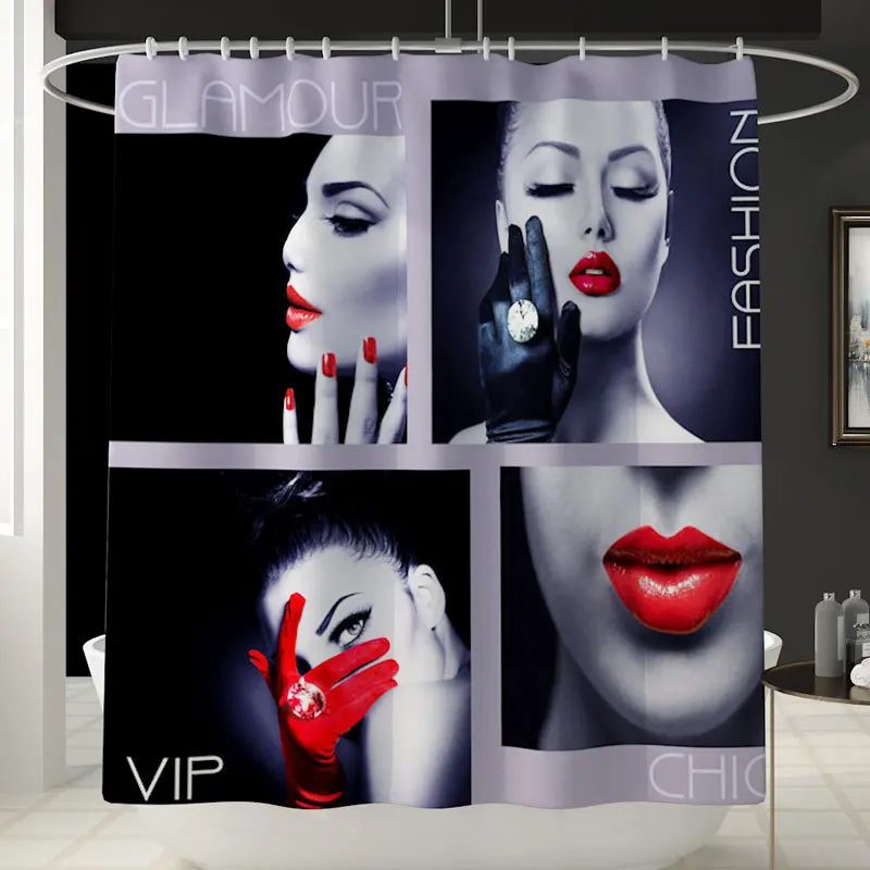 

European and American Woman Shower Curtain Sexy Red Lips Print Woman Bathroom Bath Waterproof High Shower Curtains with 12 Hooks