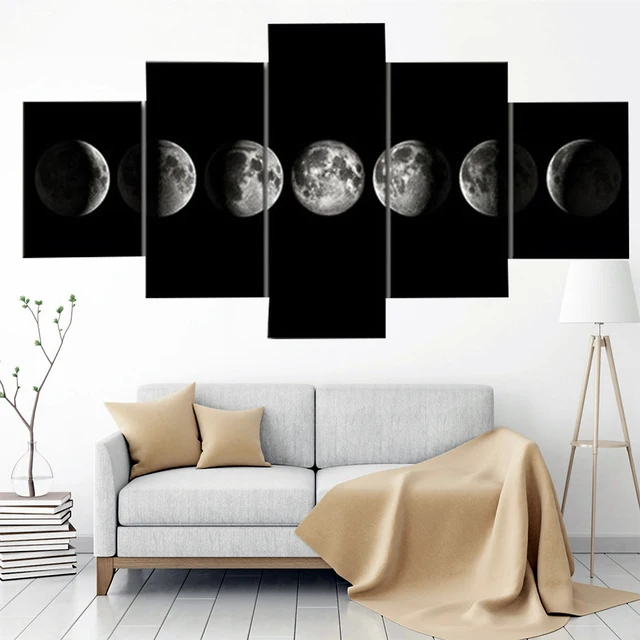 Cuadro sobre lienzo para pared, póster de Luna Negra, decoración nórdica moderna para sala de estar, Marco para fotografías Modular para el hogar, 5 uds. 1