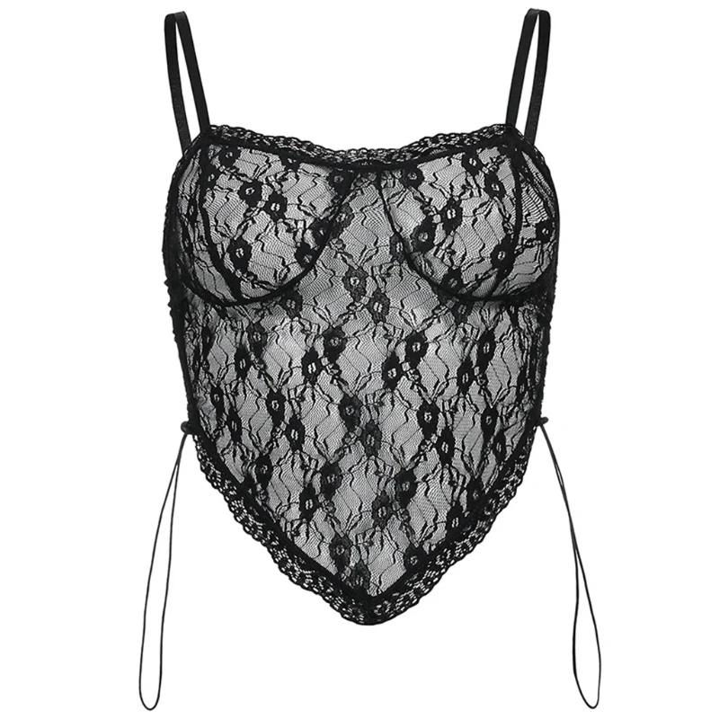 

Women Sexy See-Through Floral Lace Crop Top Spaghetti Strap Backless Mesh Camisole Side Ruched Drawstring Bustier Vest