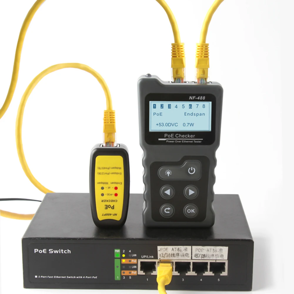 NF-488 Многофункциональный ЖК-дисплей сетевой кабель тестер с портом PoE Checker Inline PoE напряжение и DC мощность ток тестер с Кабельный тестер