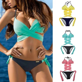

2019 Women Swimsuit Push Up Swimwear Criss Cross Bandage Halter Beach Bathing Suit Swim Wear Two Piece Bikini Set