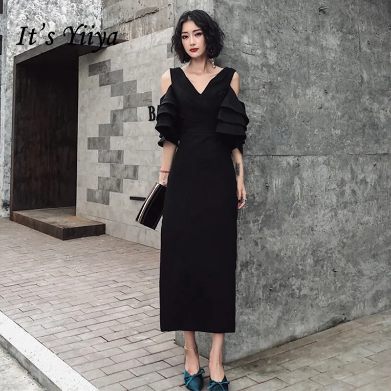 

Evening Gowns It's Yiiya BR352 Elegant Black Tea Length Straight Prom Dress V-neck Out Off Shoulder Vestidos De Fiesta 2020