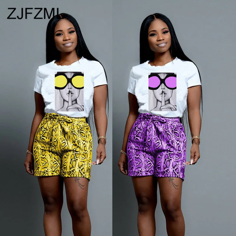 

Serpentine Sexy Two Piece Matching Set Women Clothes Round Neck Short Sleeve Basic Tshirt + Tie Bow Shorts Plus Size Sweat Suits