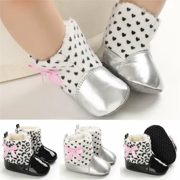 

pudcoco Newborn Baby Leopard Booties Boy Girl PU Fleece Warm Pram Crib Shoes Winter Toddler Fashion Soft Snow Boot Prewalker 11M