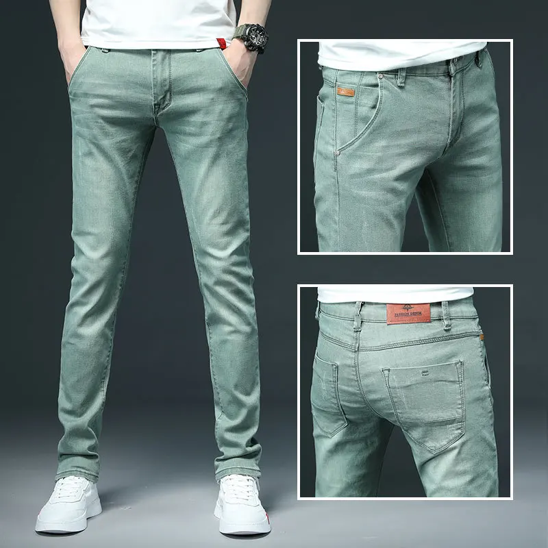 Pantalones vaqueros ajustados elásticos para hombre, Jeans ajustados informales a la moda, de marca, color verde, negro, caqui y blanco