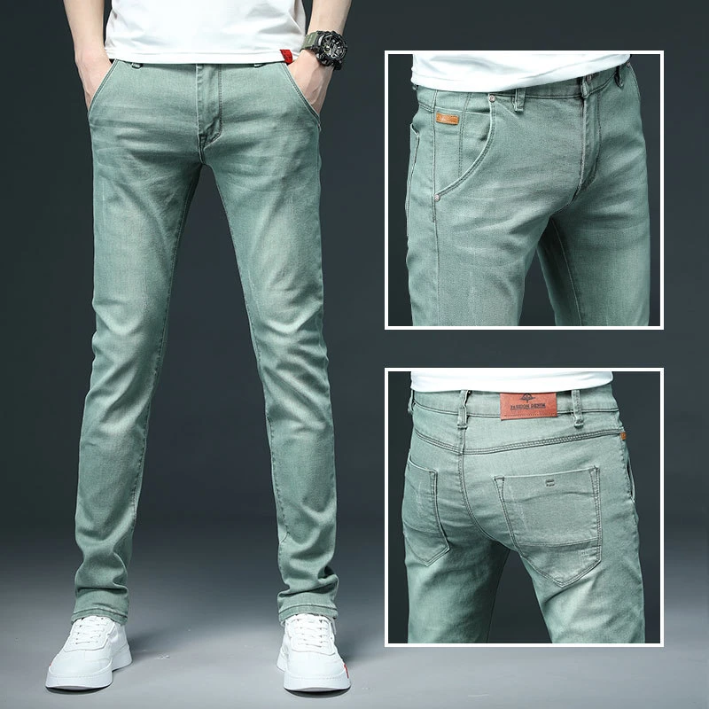 Pantalones vaqueros elásticos para hombre, Jeans ajustados informales a la moda, color verde, negro, caqui, blanco, de marca|Pantalones - AliExpress