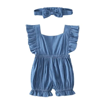 

Summer Newborn Baby Girls Denim Rompers Set Sleeveless Baby Clothes Set Kids Jumpsuit With Headband