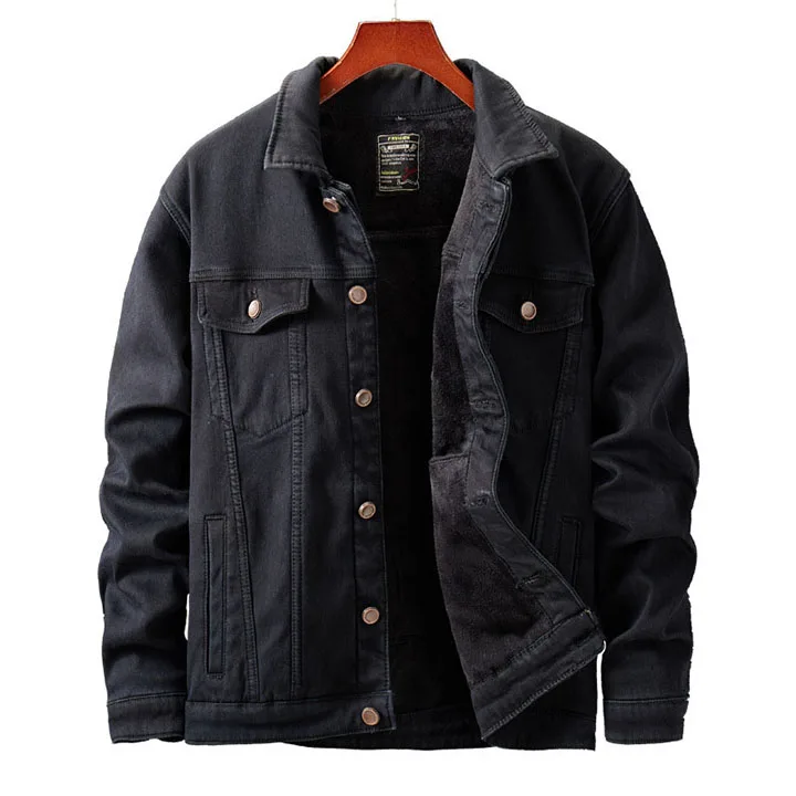 Winter Fleece Denim Jacket and Coat Men Warm Fashion Mens Black Jeans Jackets Men Cowboy Jacket Coat Men Streetwear 5XL - Цвет: Черный