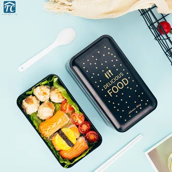 

Lunch Box Nordic Style Black With Cutlery Compartment Double-layer Food Container Microwave Bento Box Leak-proof Children