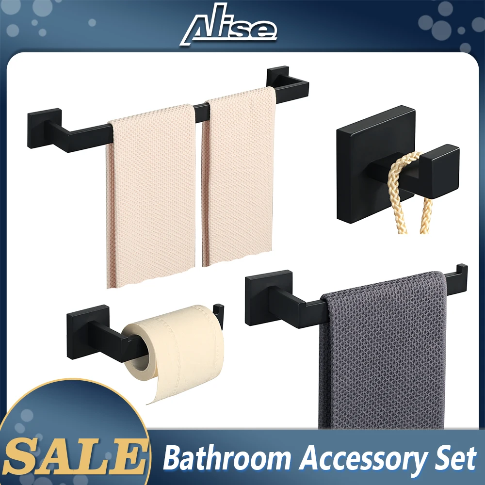 

4 Piece Bathroom Accessory Set Towel Rail Toilet Paper Holder Towel Holder Robe Hook, SUS-304 Stainless Steel Matte Black