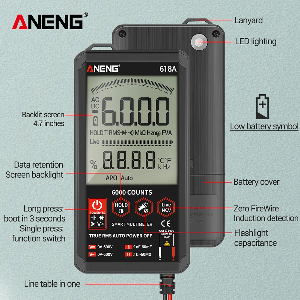 ANENG 618A Цифровой мультиметр 6000 граф DC/AC тестер напряжения измеритель тока
