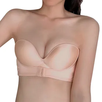 

Women Padded Bra Gather Strapless Bra Push Up Sexy Lingerie Invisible Brassiere With Adjustable Shoudler Front Closure Bras