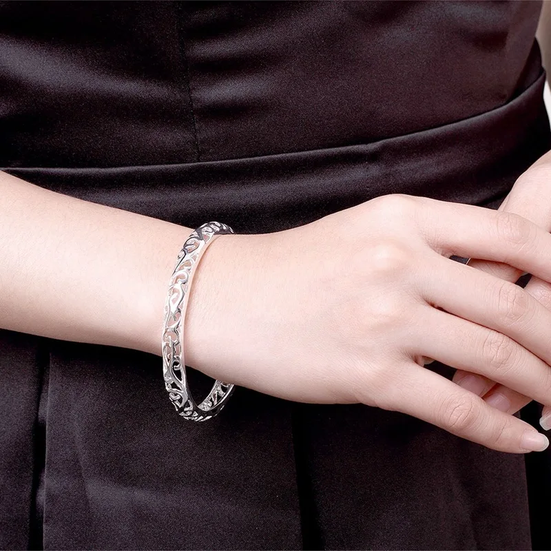 925 Sterling Silver Bangle Bracelet 925 Silver Fashion Jewelry Closed Hollow Flower Bangle /Ahnaiyua Akpajbwa