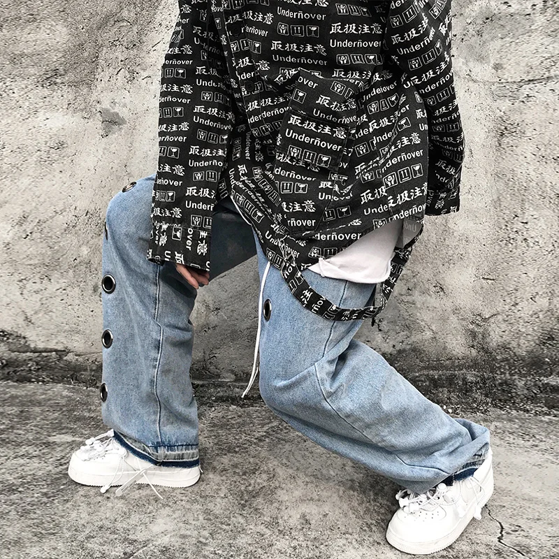 High Street Designer Straight Jeans Decor Hole Men High Quality Mens Loose Wide Leg Denim Pan Hip Hop Autumn Winter trousers