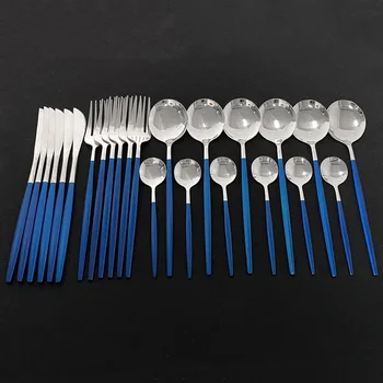 

Blue Silver 24Pcs Dinnerware 18/10 Stainless Steel Cutlery Set Steak Knife Dessert Fork Spoon Western Tableware Home Dinner Set