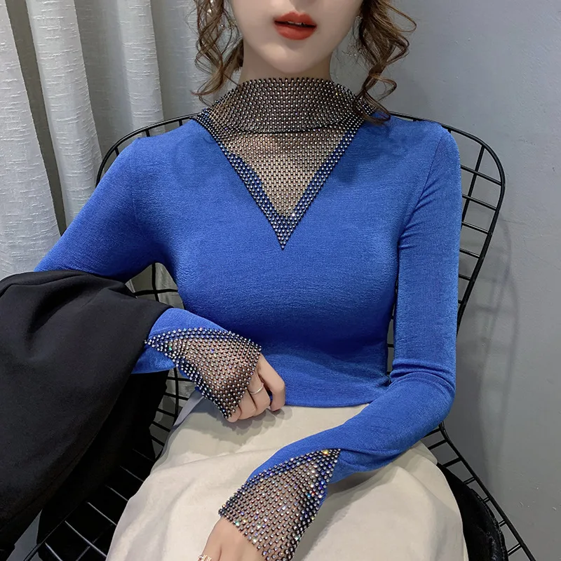 

Spring/Autumn Fine Glitter Mesh Design Splicing T-shirt Translucent Hollow Trend Backing Shirt Casual Temperament Women's Top