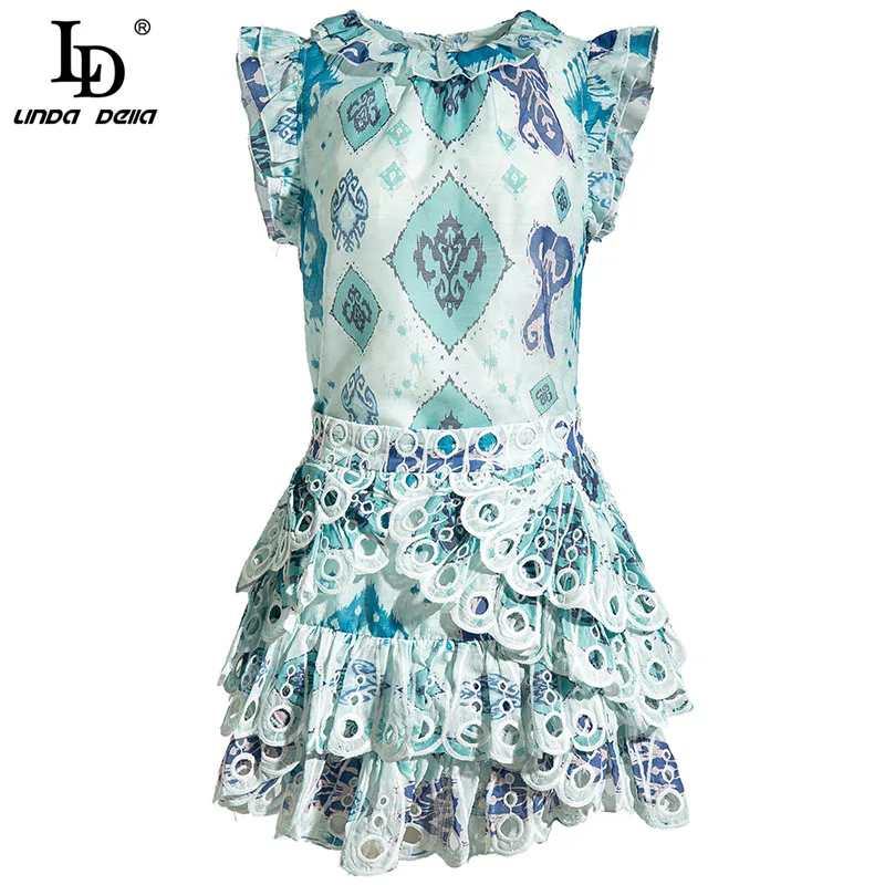 

LD LINDA DELLA 2020 Summer Fashion Holiday Suit Women Ruffles Sleeve Printed Blouses and Hollow Out Mini Skirts Two Piece Sets