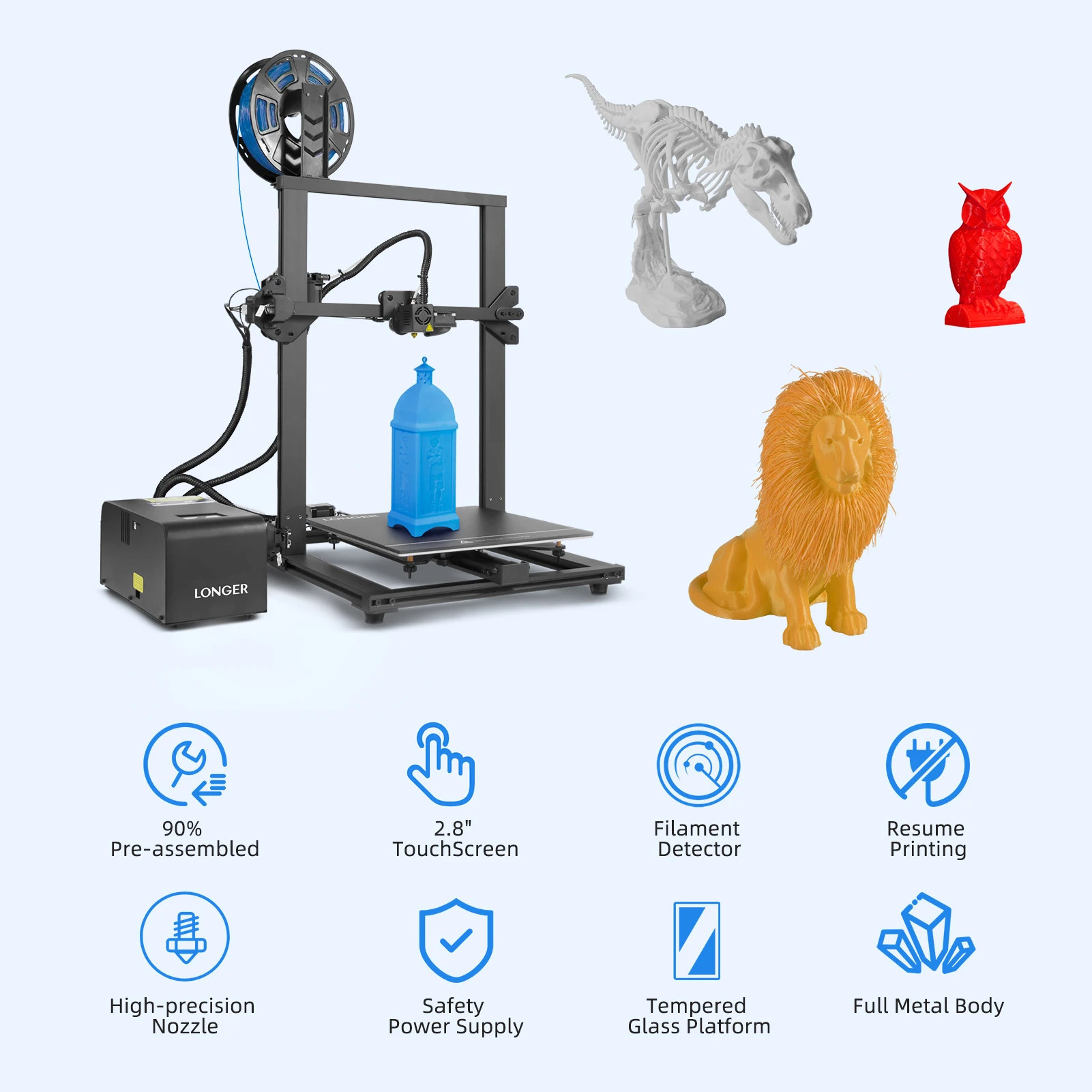 3dprinter LONGER LK1 3D Printer 2.8Inch Color TouchScreen 300x300x400mm Large Print Size Full Metal Body Filament Detector Resume Printing 3 d printer